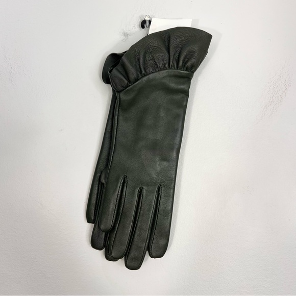 NWT Etereo dark green genuine leather fleece lined old money ruffle gloves 6.5 - Picture 3 of 11